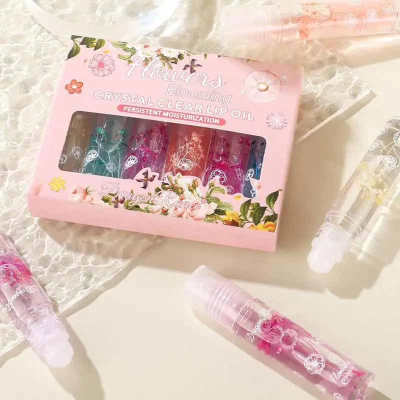 Flower Roll-On Lip Oil Set – Crystal Clear Gloss 6pc Lip Oil Gloss Set Oasis Select