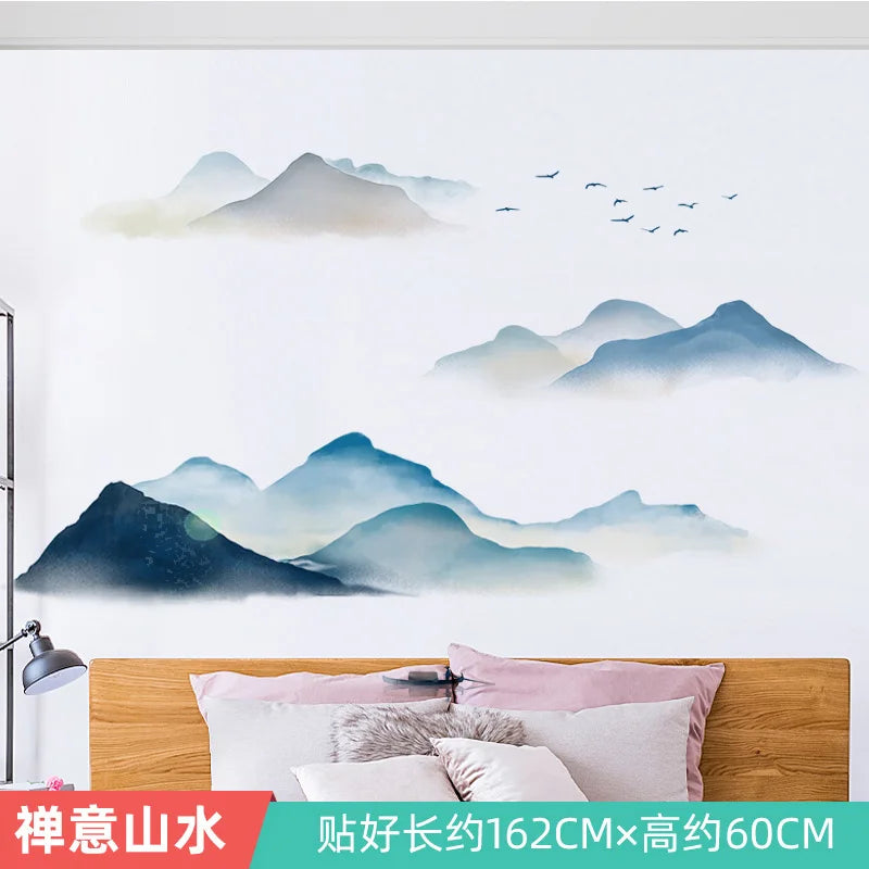 Ink Smudge Light Blue Mountain Background Wall Decoration Stickers Bedroom Bedside Chinese Artistic Conception Wall Stickers Oasis Select 10