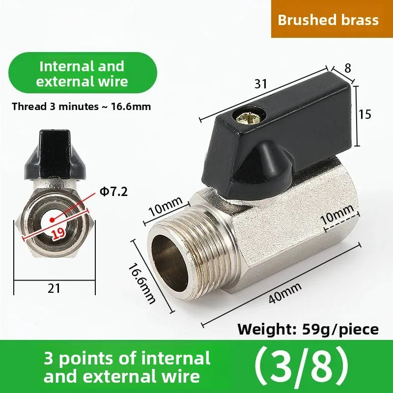 Mini Ball Valve Switch Water Pipe PT1/8, 1/4, 3/8, 1/2 Gas Electric Copper Ball Valve Double Inner and Outer Wire Teeth Oasis Select Inside Outside 3 A 1PCS
