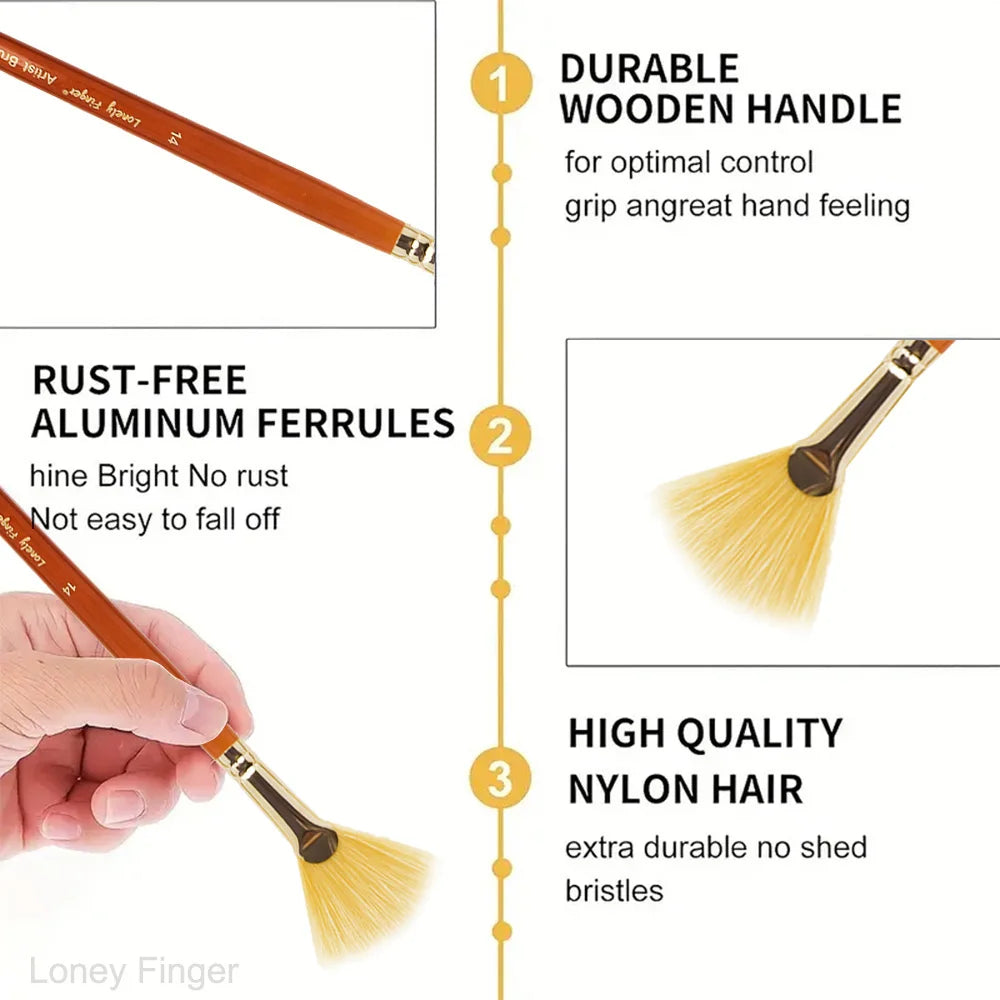 7/14pcs Artist Fan Paint Brush, Hog Bristle Natural Hair Anti-Shedding Brush Tips, Long Wooden Handle for Comfortable Holding Oasis Select