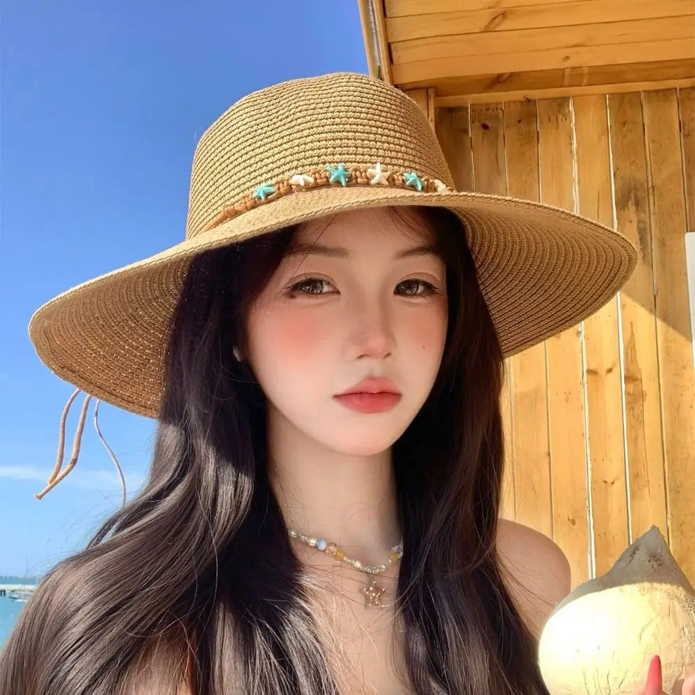 New Starfish Straw Hat Sun Protection Foldable Woven Hat Wide Brim Elegant Sunshade Hat Summer Oasis Select