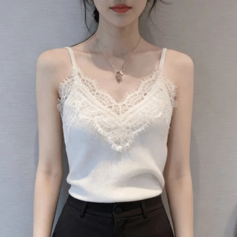 New Summer Lace V-neck Sling Sexy Spice Girls Sleeveless Tank Top Casual Sweet Vest Street Oasis Select White One Size