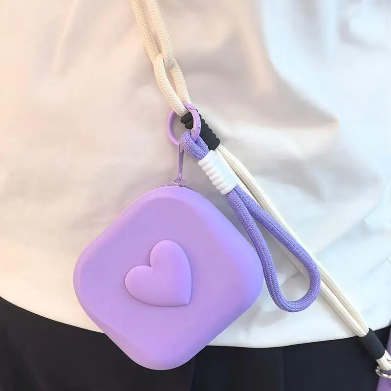 Heart Silicone Coin Purse Organizer Pouch with Woven Lanyard