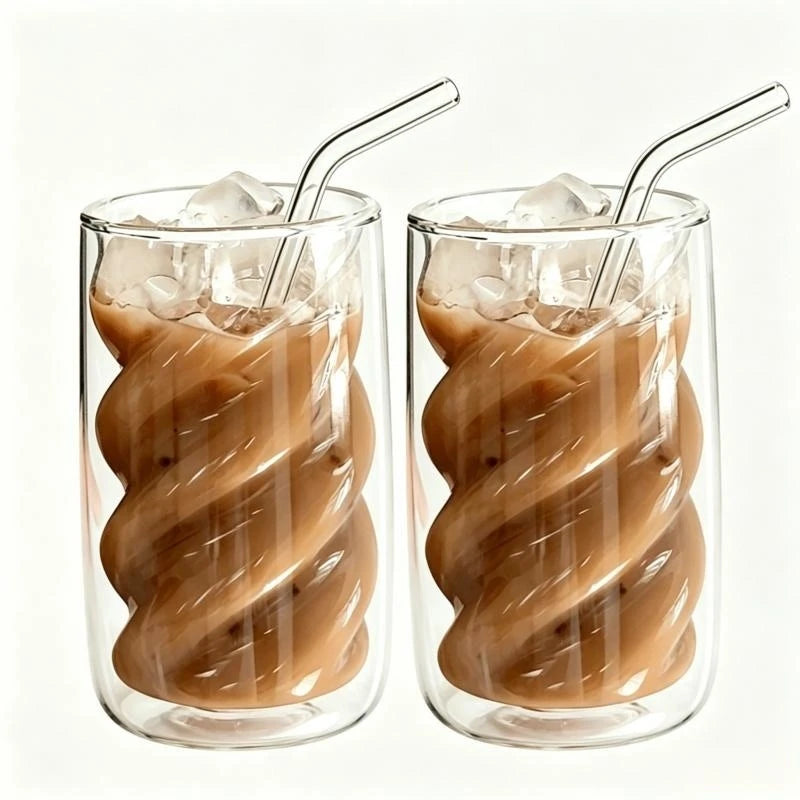Double Wall Spiral High Borosilicate Glass Tumbler with Straw, Heat Resistant Anti-scald Reusable Cup for Iced Coffee Milk Juice Oasis Select 2Pcs 350ml