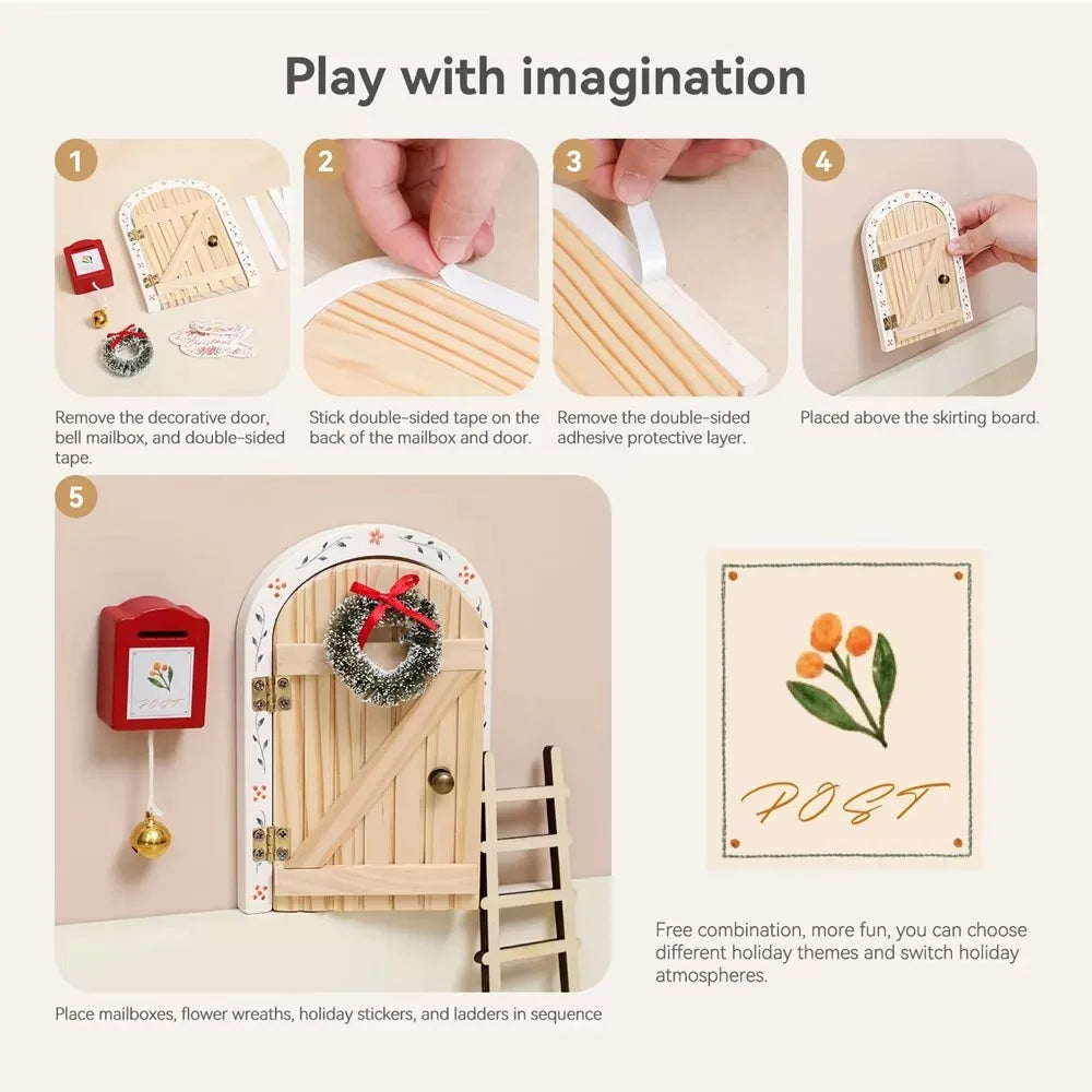 Cute Mini Fairy Elf Door Cartoon Christmas Room Decoration Wooden Elf Door Baby Gifts Dollhouse Cartoon Elf Door Oasis Select