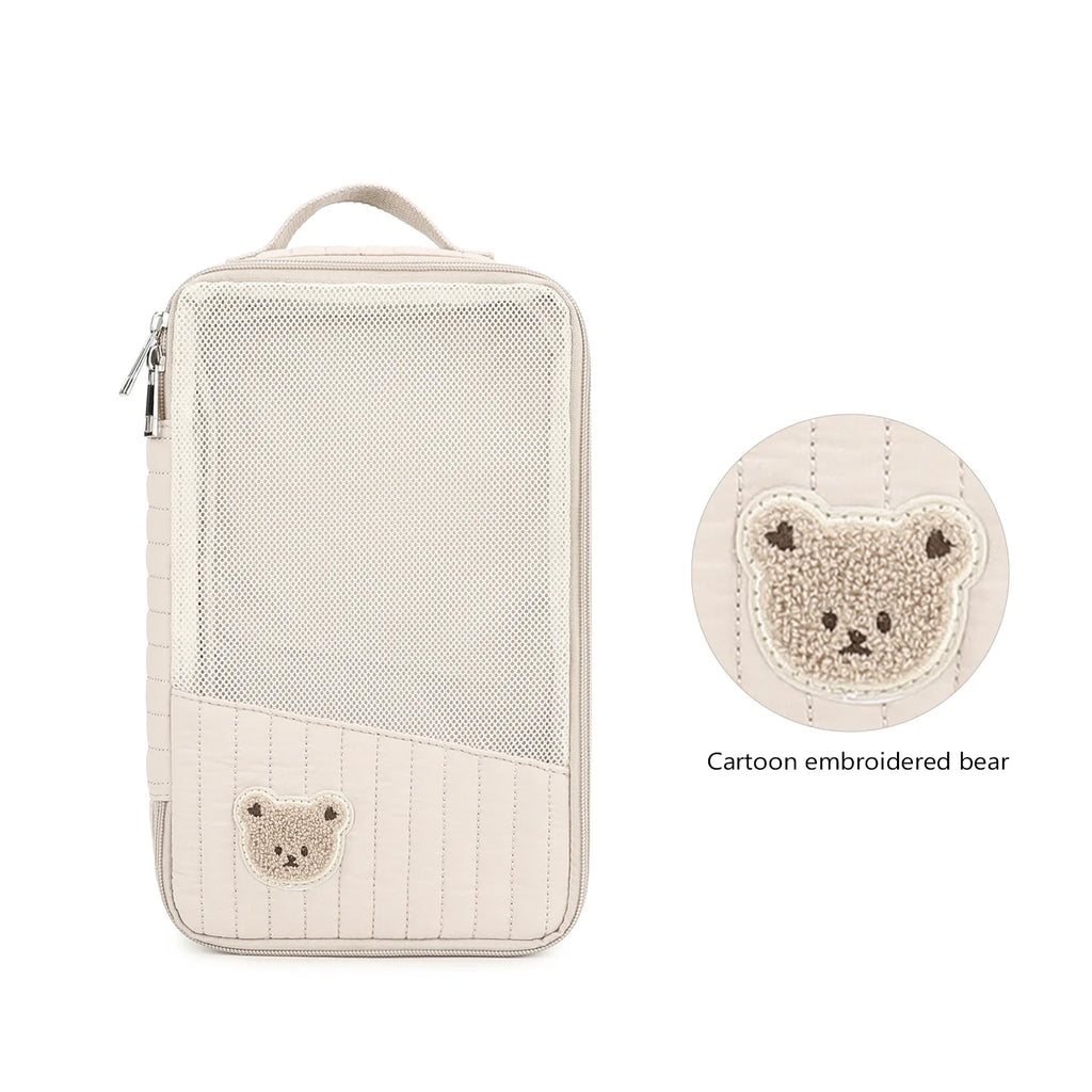 Cute Cartoon Bear Quilted Storage Bag Vertical Stripe Portable Travel Organizer for Baby Clothes Underwear Cosmetics Oasis Select
