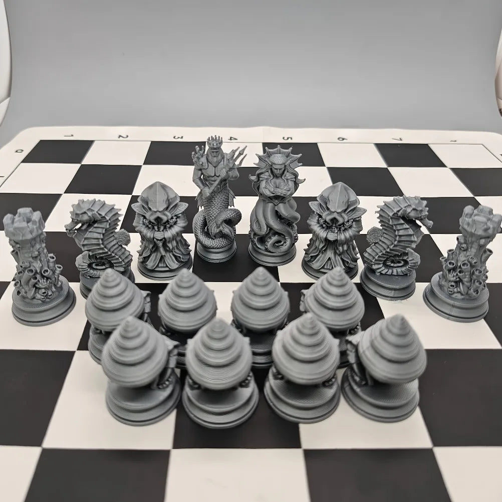16PCS Ocean Myth Chess Figurines 3D Printed Deep Sea Theme Chess Set Coral Sculpture Tabletop Game Decor Desk Art Ornament Oasis Select
