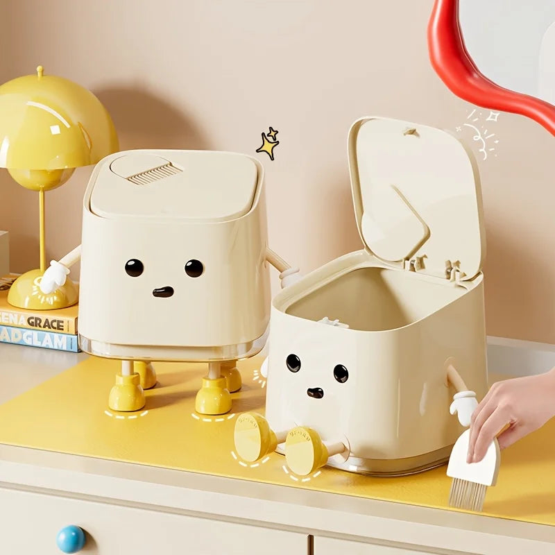 1 pc Cute Push-On Mini Trash Can with Brush, Compact Desktop Trash Can, Storage and Cleaning Function 2 in 1 Oasis Select