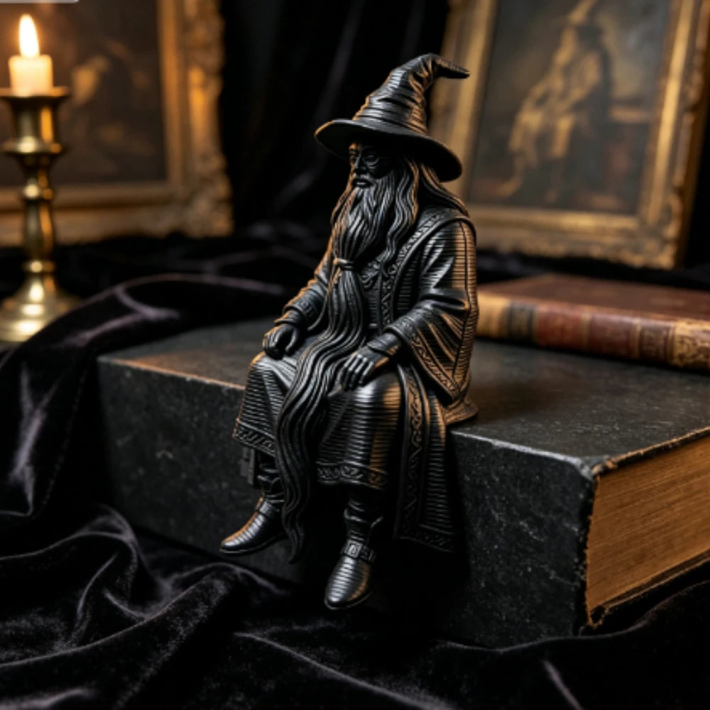 Mystery Wizard Shelf Sitter Figurine 3D Printed Sitting Posture Old Mage Statue Fantasy Desktop Decor for Bookshelf & Game Table Oasis Select