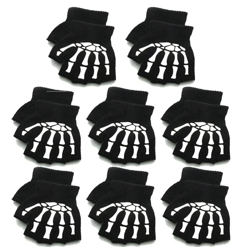 1-10pairs New Adult Cosplay Halloween Skeleton Skull Half Finger Punk Gloves Glow in the Dark Fingerless Stretch Knitted Mittens Oasis Select 8pairs