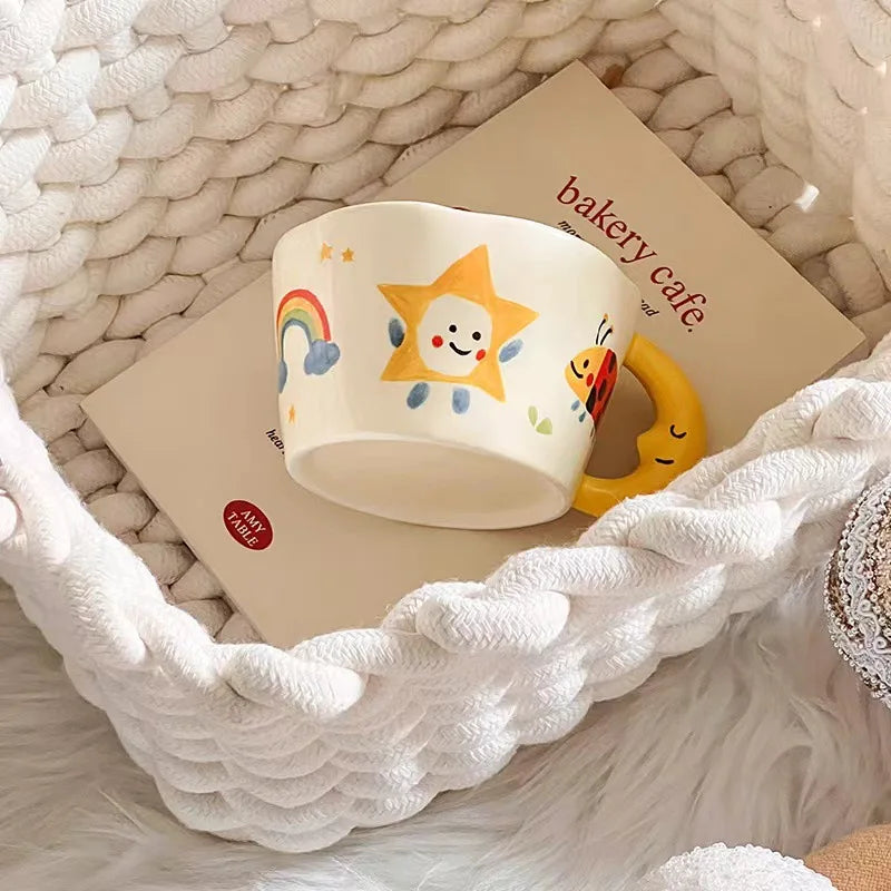 Ceramic Mug Lovely Hand Painted with Moon Handle Creative Breakfast Cup Kitchen Drinkware Milk Tea Coffee Mugs for Birthday Gift Oasis Select