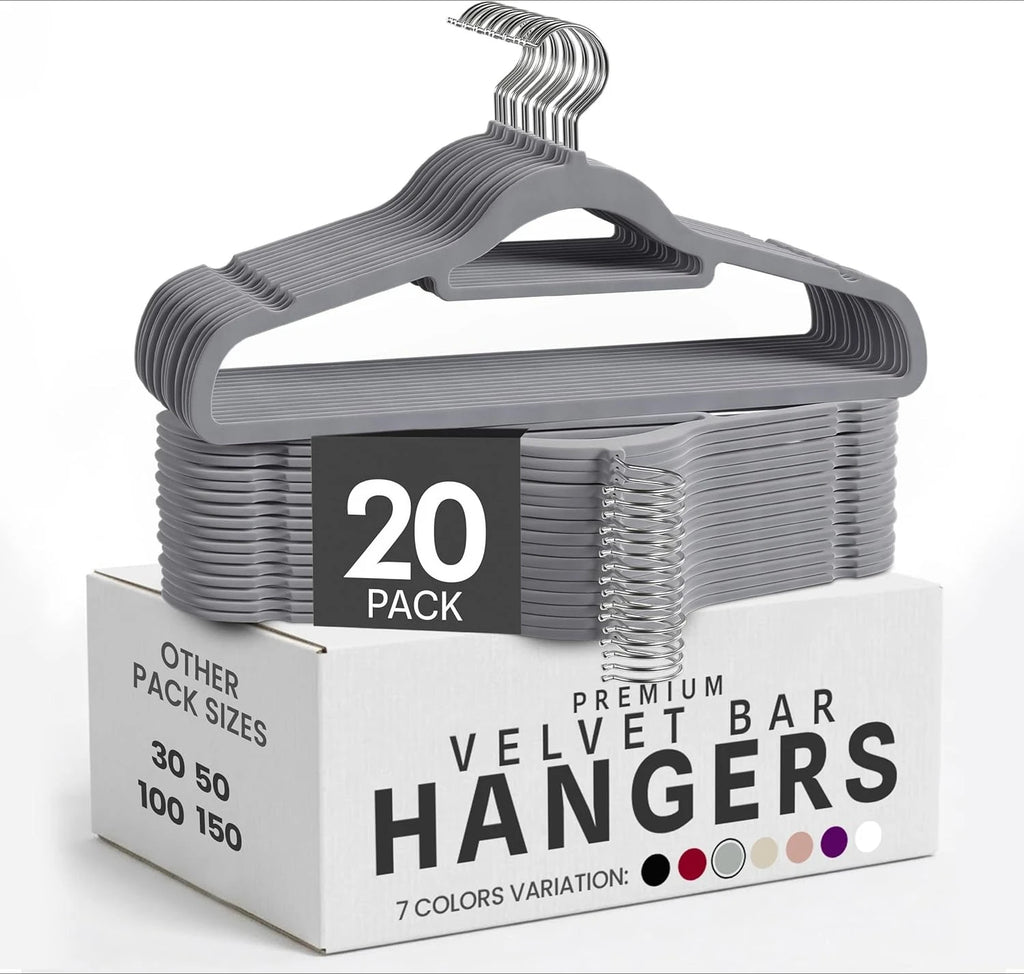 50pcs Velvet Hangers Non-Slip Slim, with Tie Bar&360° Swivel Hook,Heavy Duty Space Saving Coat Clothes Hangers Clothes Organizer Oasis Select 20pcs gray