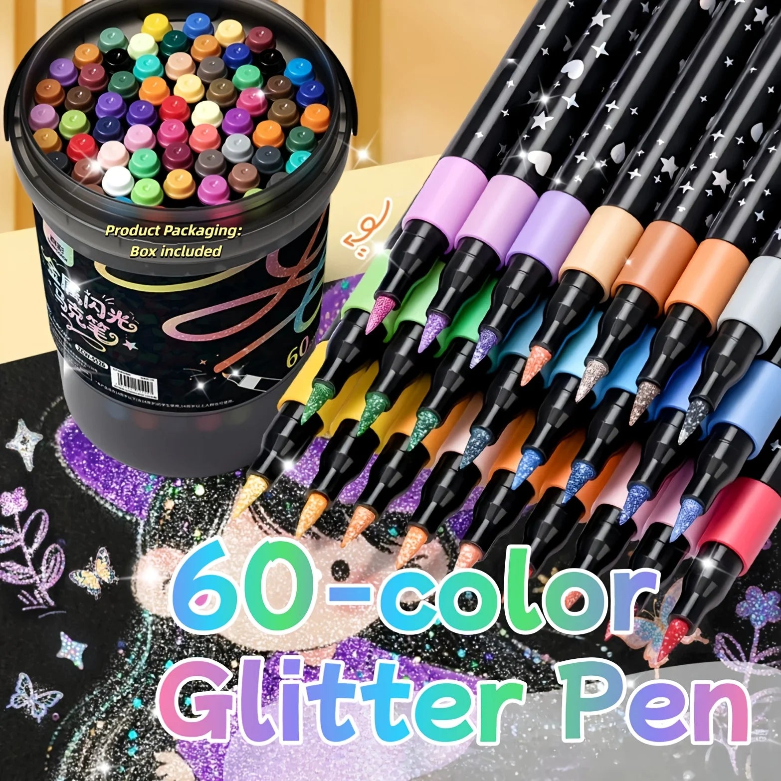 60/48/36/24/12 Color Glitter Markers Set - Water-Based Acrylic Glitter Pens for Student Art, Scrapbooking & Stationery Oasis Select 60 colors