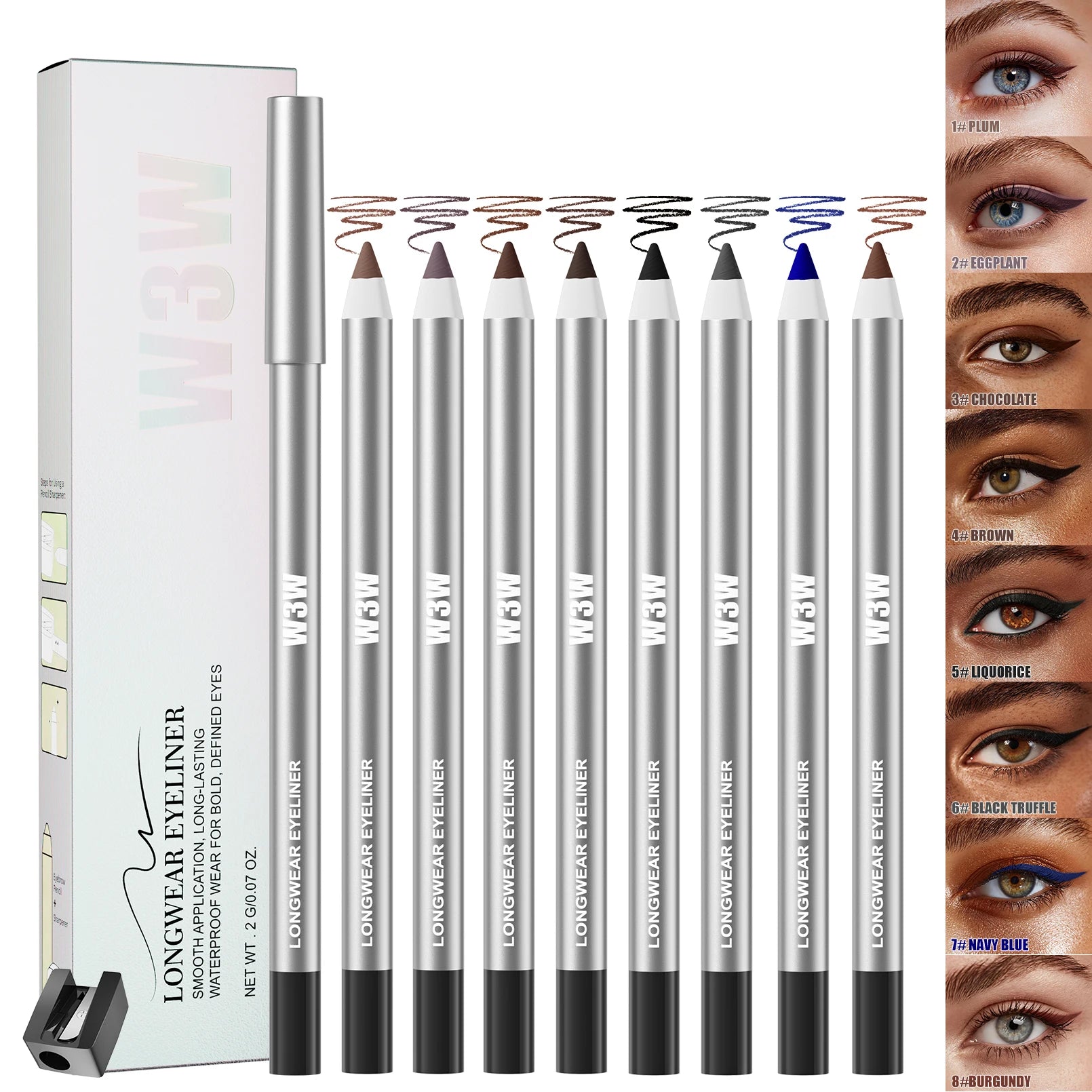 W3W 8-Color Matte Gel Eyeliner Pencil Set – Waterproof