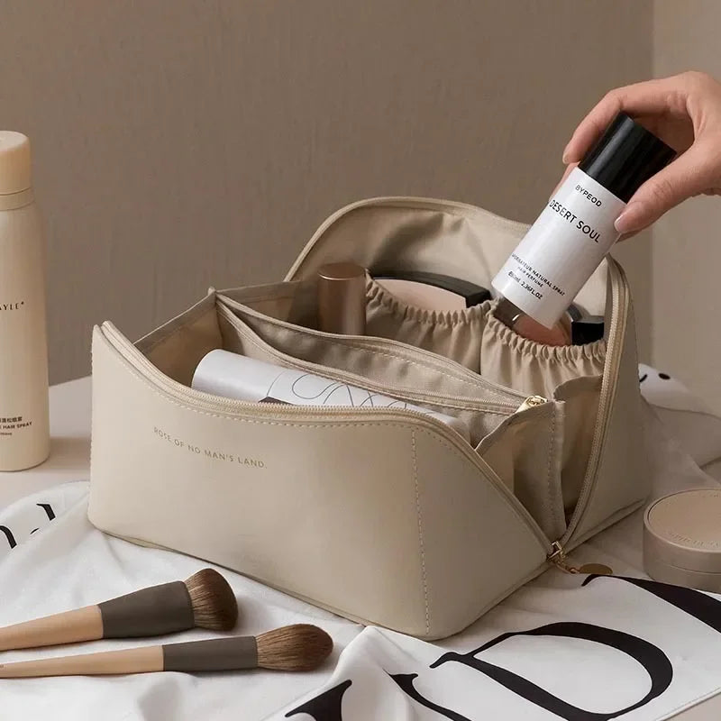 Travel makeup bag, large capacity women's makeup bag, waterproof portable bag open flat wash bag, with divider and handle Oasis Select style 1 bag white