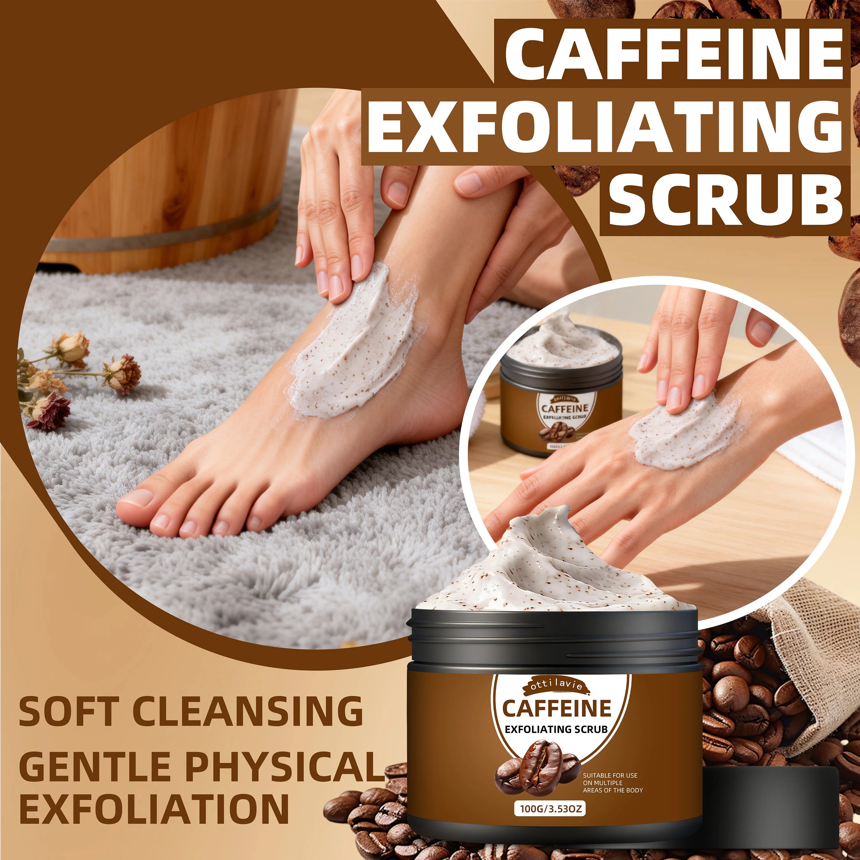 Ottilavie Caffeine Exfoliating Scrub, Gentle Exfoliating Deep Cleansing For Hands, Feet & Body, Daily Skincare Routine Oasis Select