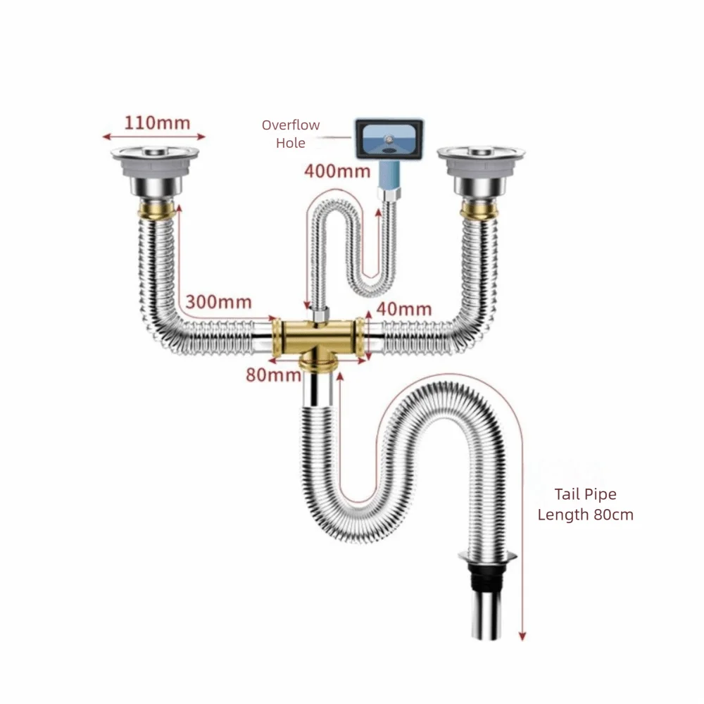 Stainless Steel Sink Drain Pipe Set Easy Install Space Saving Anti-Leak Drainage Kit Single/Double Bowl Anti Clogging Drain Hose Oasis Select