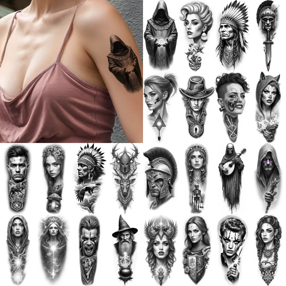 12pc Black & Grey Temporary Tattoos – Skull, Warrior & Animal