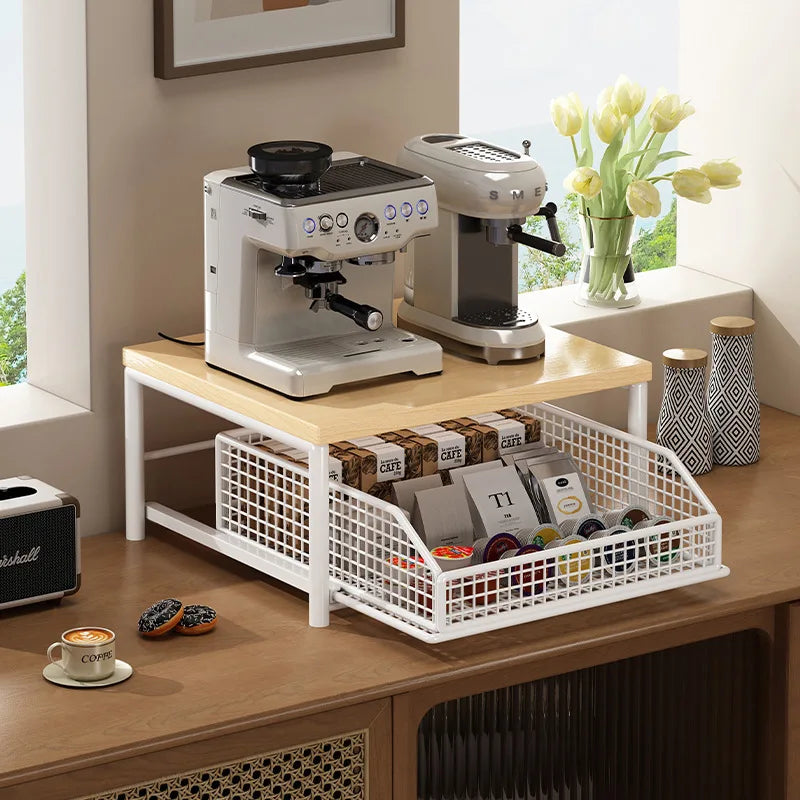 Metal and Wood Microwave Rack with Pull Out Drawer Multi Layer Countertop Kitchen Organizer for Coffee Maker Utensils and Tea Oasis Select