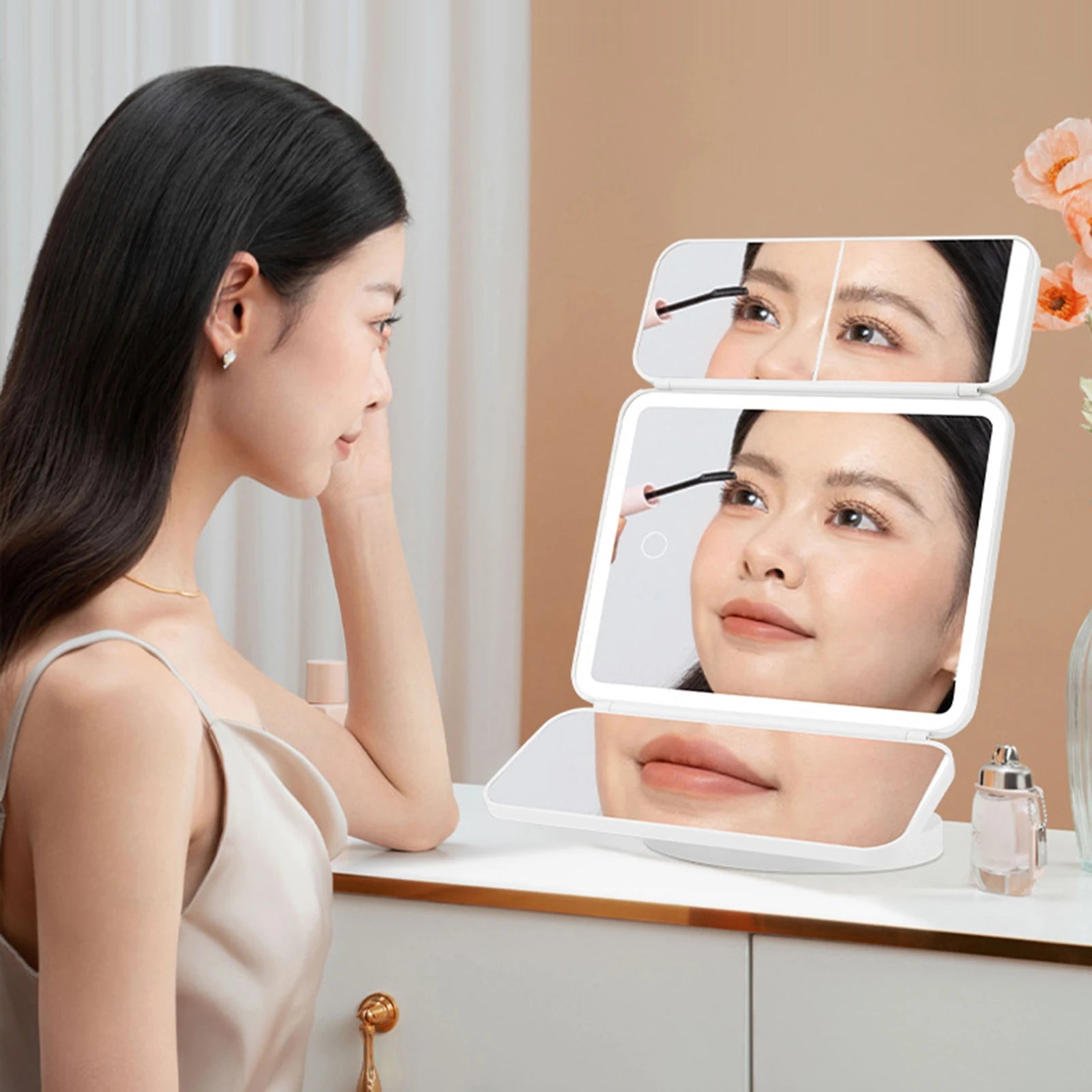 LED Tri-Fold Desktop Vanity Mirror | Touch Sensor Makeup Mirror