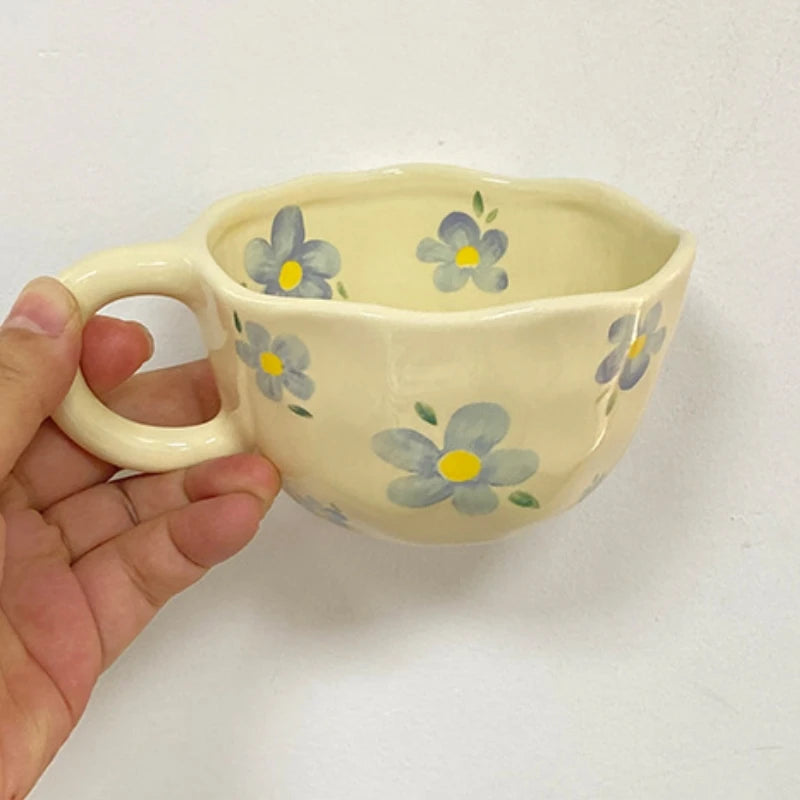 Ceramic Mugs Irregular Flower Coffee Milk Yellow Hand Pinched Cups Cute Korean Style Oat Breakfast Juice Black Tea Kawaii Cup Oasis Select Blue flower 201-300ml