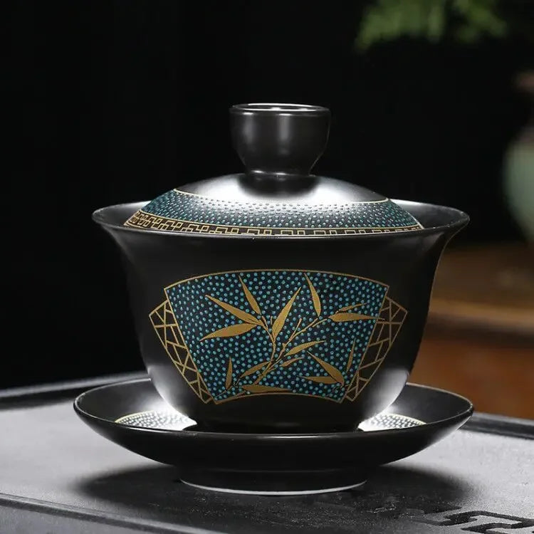 Chinese Teaset Classical Gaiwan Tea Cups Black Clay Tureen Lid Bowl Saucer Traditional Handmade Tea Brew Tea Cup Oasis Select B