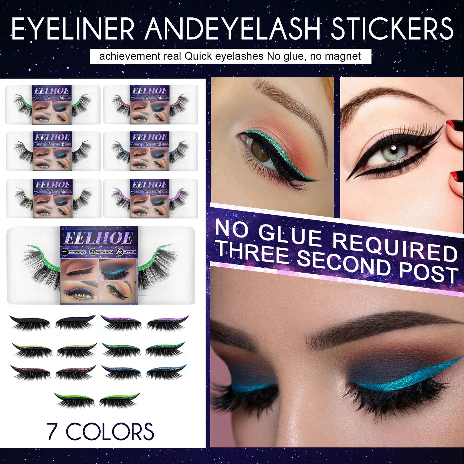 7color Glue-Free Faux Mink 3D Self-Adhesive Eyeliner Lash Stickers Waterproof Sweatproof False Eyelashes Stickers Eye Makeup Oasis Select