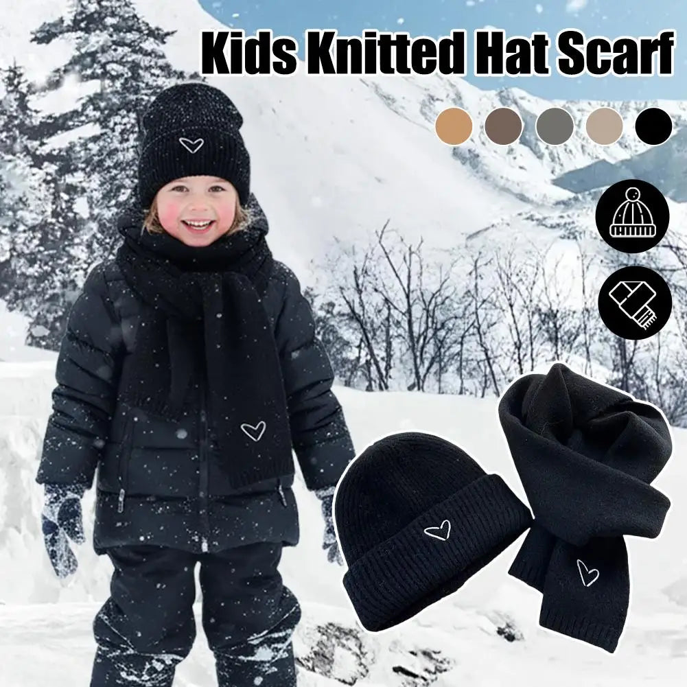 Winter Warm Solid Color Kids Knitted Hat Scarf Love Heart Embroidery Autumn Baby Beanie Outdoor Anti-cold Boys Girls Cap Scarves Oasis Select