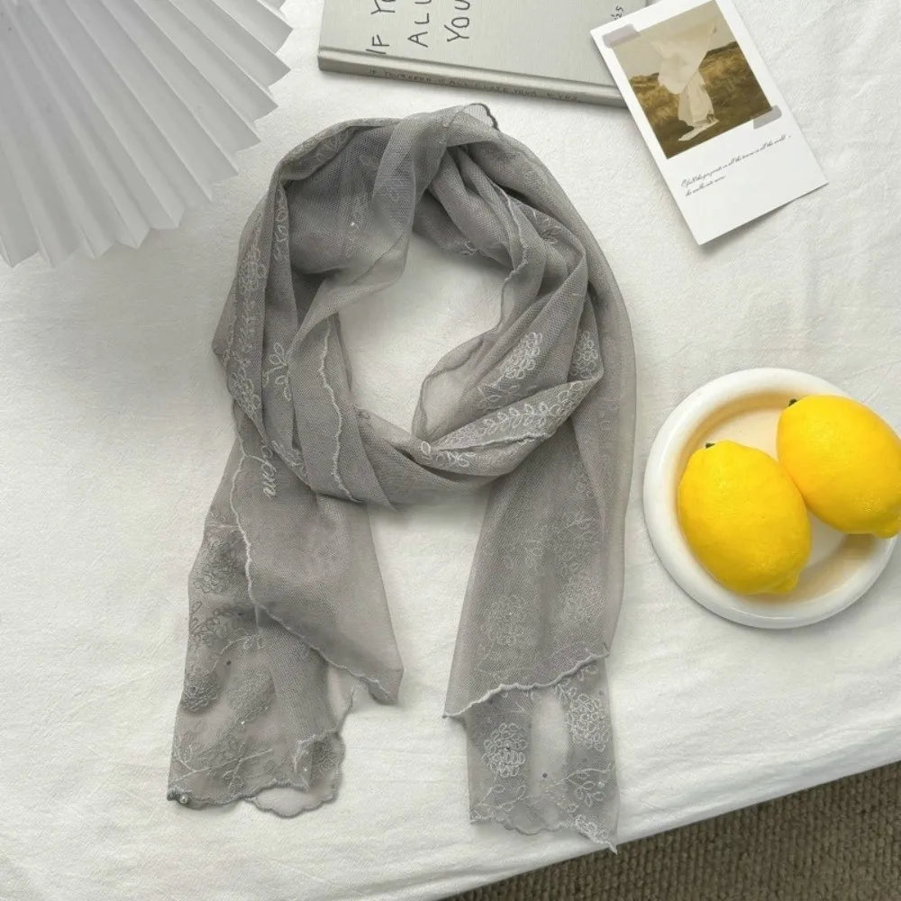 Retro Lace Long Scarf Embroidered Flower Small Flower Headscarf Tide Long Thin Neckerchief Spring and Summer Oasis Select