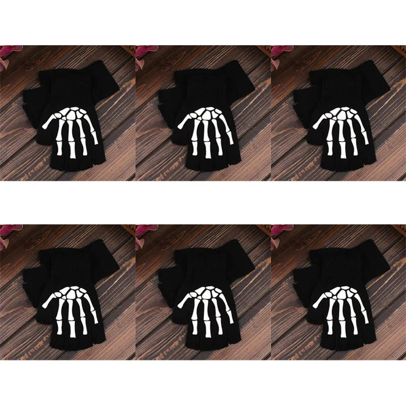 1-6Pairs Gothic Skeleton Reflective Gloves Horror Claw Bone Streetwear Half Gloves Halloween Split Finger Gloves For Men Women Oasis Select 6pairs One Size