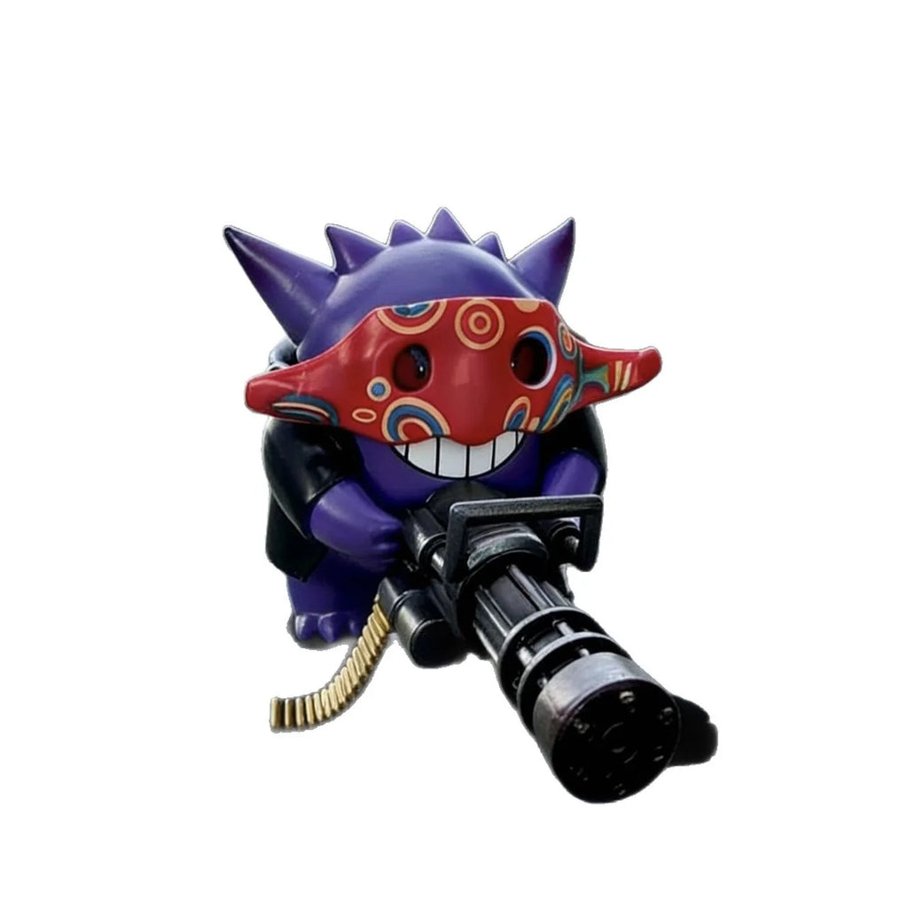 Azu holding a Gatling gun, a creative car decoration for the center console, a figurine on the roof and rear of the car. Oasis Select
