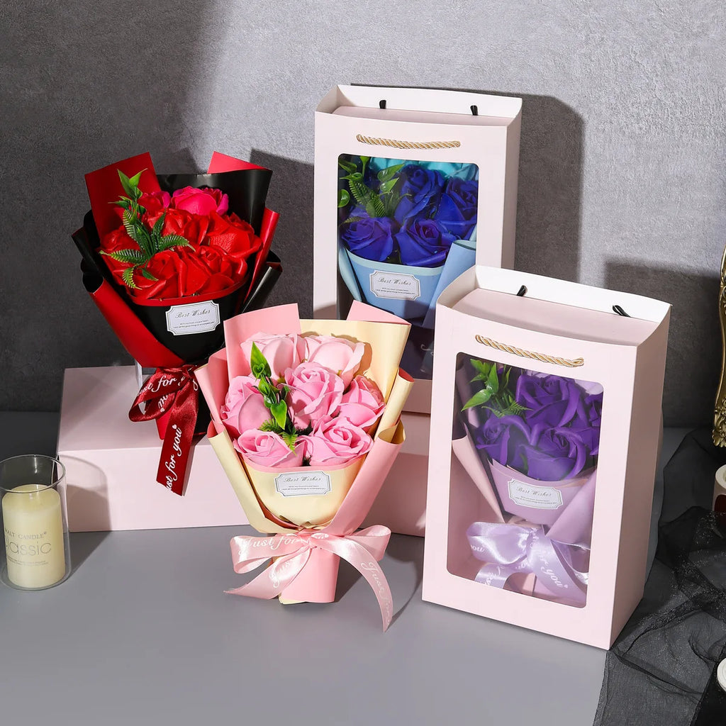 Romantic Fake Rose Bouquet in Gift Box with Cute Teddy Bear Premium Soap Flower Arrangement Perfect Gift for Valentine's Day Oasis Select