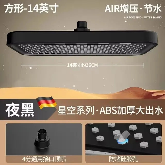 New 36CM High Pressure Top Spray Rain Shower Head Larger Flow Supercharge Rainfall Showerhead 360° Swivel Water Saving Set Oasis Select Top Shower Black