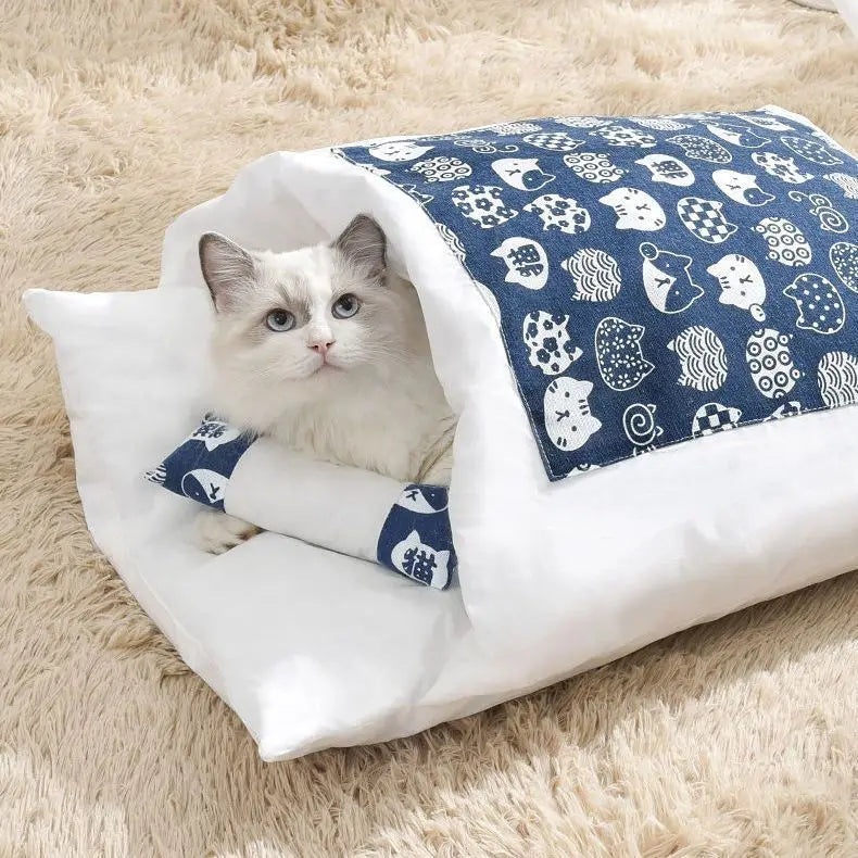 Cat Nest Winter Warm Cat Sleeping Bag Fully Enclosed Kitten House Deep Sleep Cat Quilt Japanese Style Quilt Dog House Oasis Select Blue XL