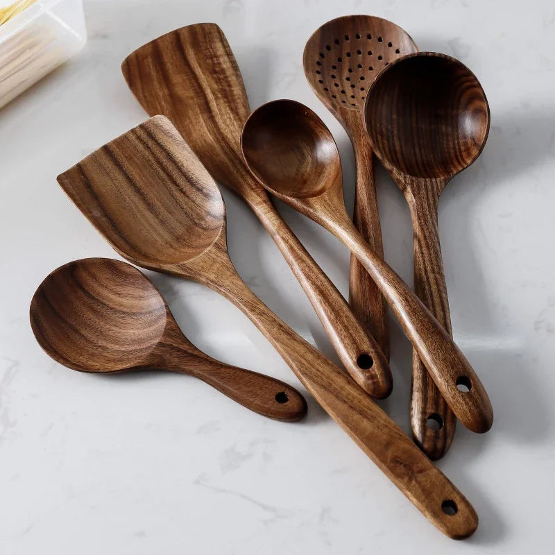 7pcs/set Teak Natural Wood Tableware Spoon Ladle Turner Rice Colander Soup Skimmer Cooking Spoon Scoop Kitchen Reusable Tool Kit Oasis Select