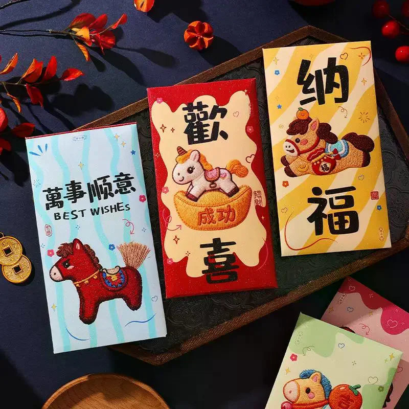 6Pcs Cartoon Three Dimensional Imitation Embroidery The Year Of The Horse Red Envelope New Year Festival Envelope Oasis Select