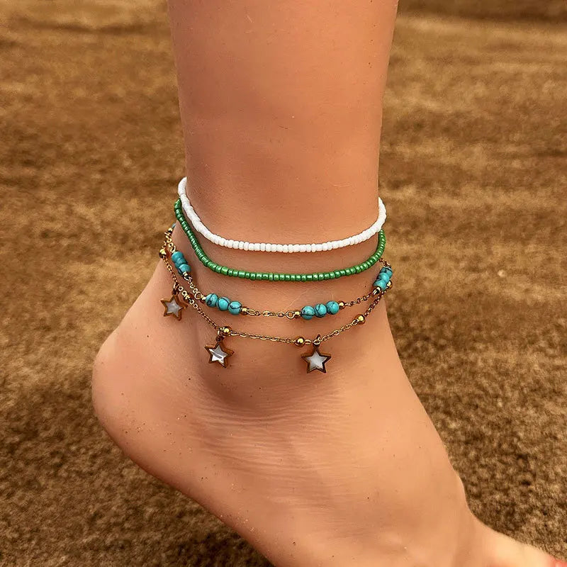 Colorful Bohemian Anklet Set Starfish Shell Beads Ankle Bracelet Women Boho Charm Pendant Handmade Fashion Jewelry Gift Oasis Select 4