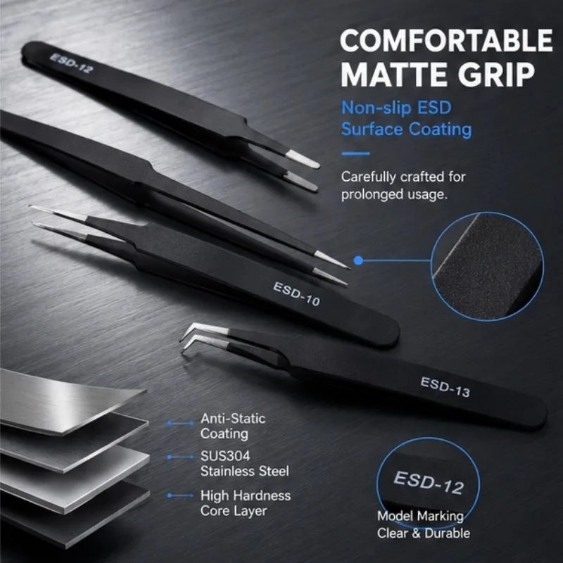 6pcs Precision Long Tweezers Set ESD Anti-Static Stainless SteelTweezers Repair Tools For Electronics Repair Soldering Craft Oasis Select