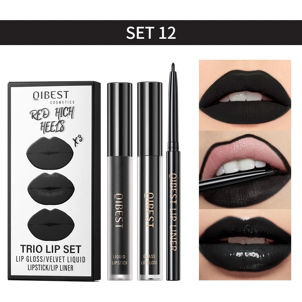 QIBEST 3-in-1 Matte Lipstick, Lip Liner & Gloss Set