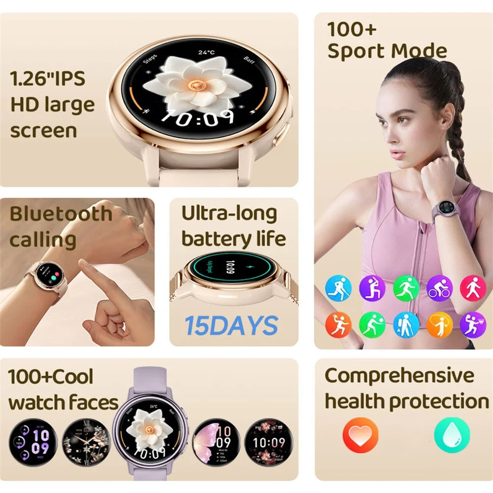 Waterproof Smart Watches Ladies Full Touch Screen Sports Fitness Flashlight Blue Tooth Call Smart Watch Women 128M Large Memory Oasis Select