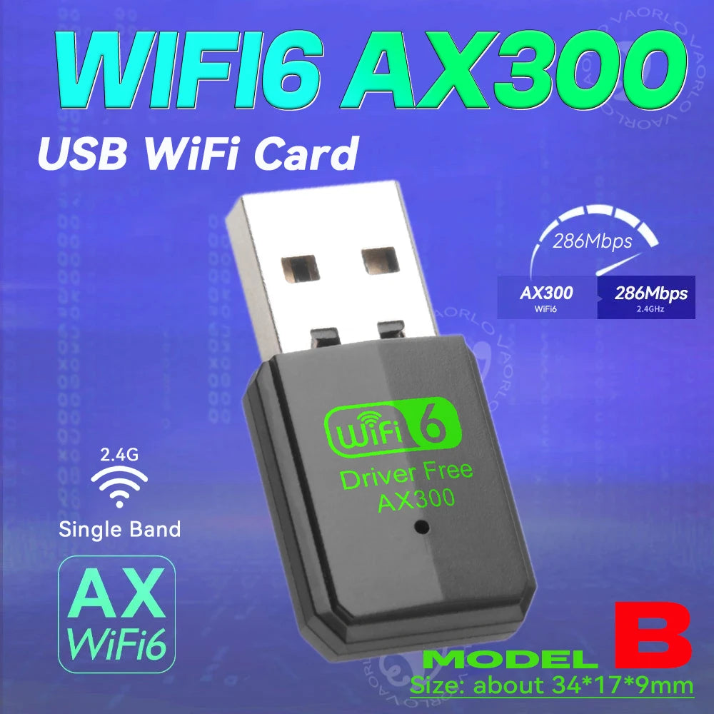 VAORLO WIFI 6 USB Adapter AX300 Network Card Mini USB Dongle 2.4GHz 802.11AX Wireless Dongle Receiver For Win 7/10/11 Drive Free Oasis Select Model B 1PCS