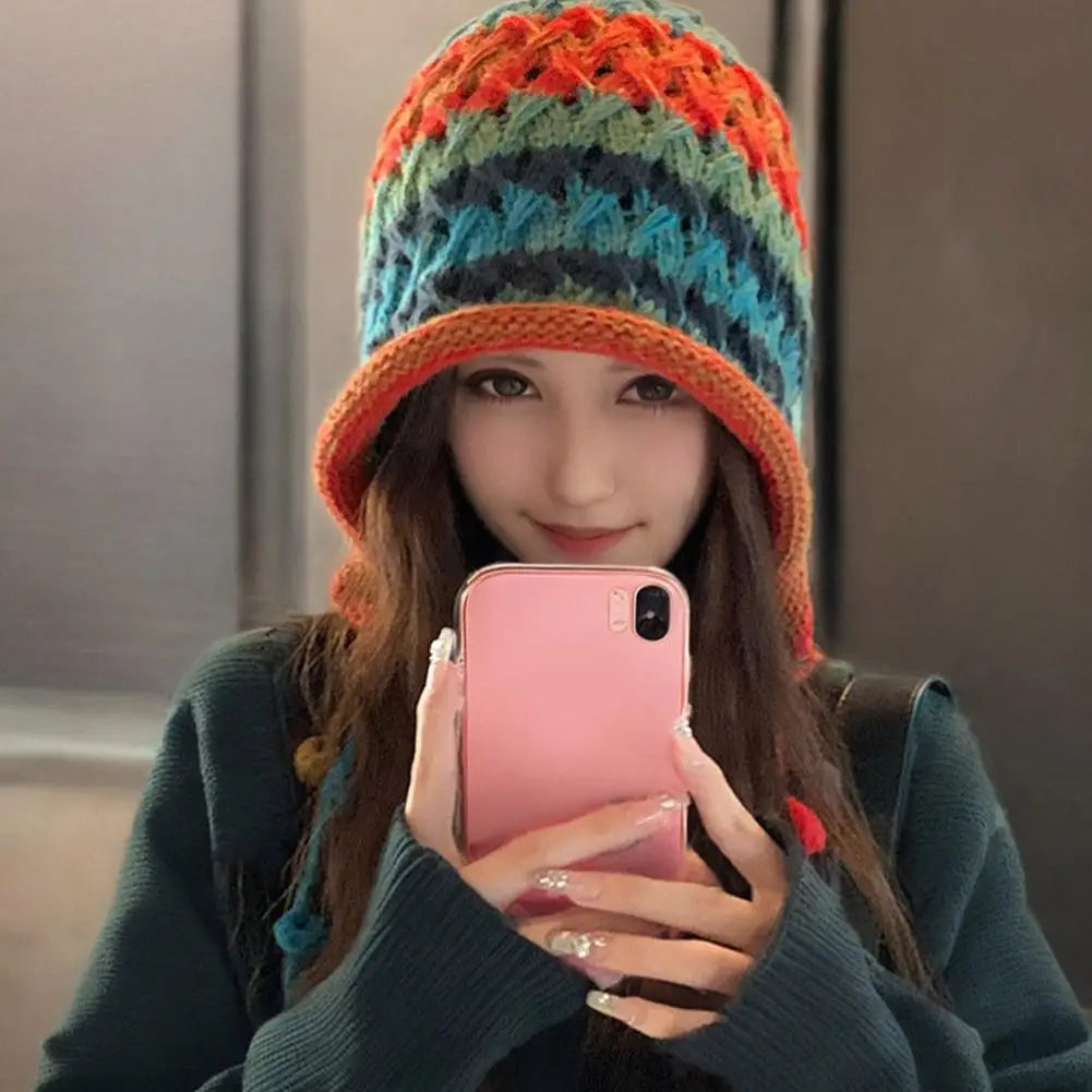Rainbow Striped Knit Beanie Hat – Women's Winter Ear Protection Knit Beanie Hat Oasis Select