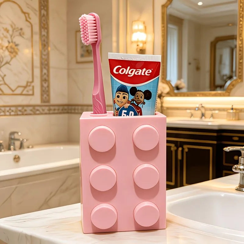Cute Building Block Toothbrush Storage Rack Multi-Purpose Bathroom Counter Organizer Practical Washroom Vanity Accessory Decor Oasis Select B