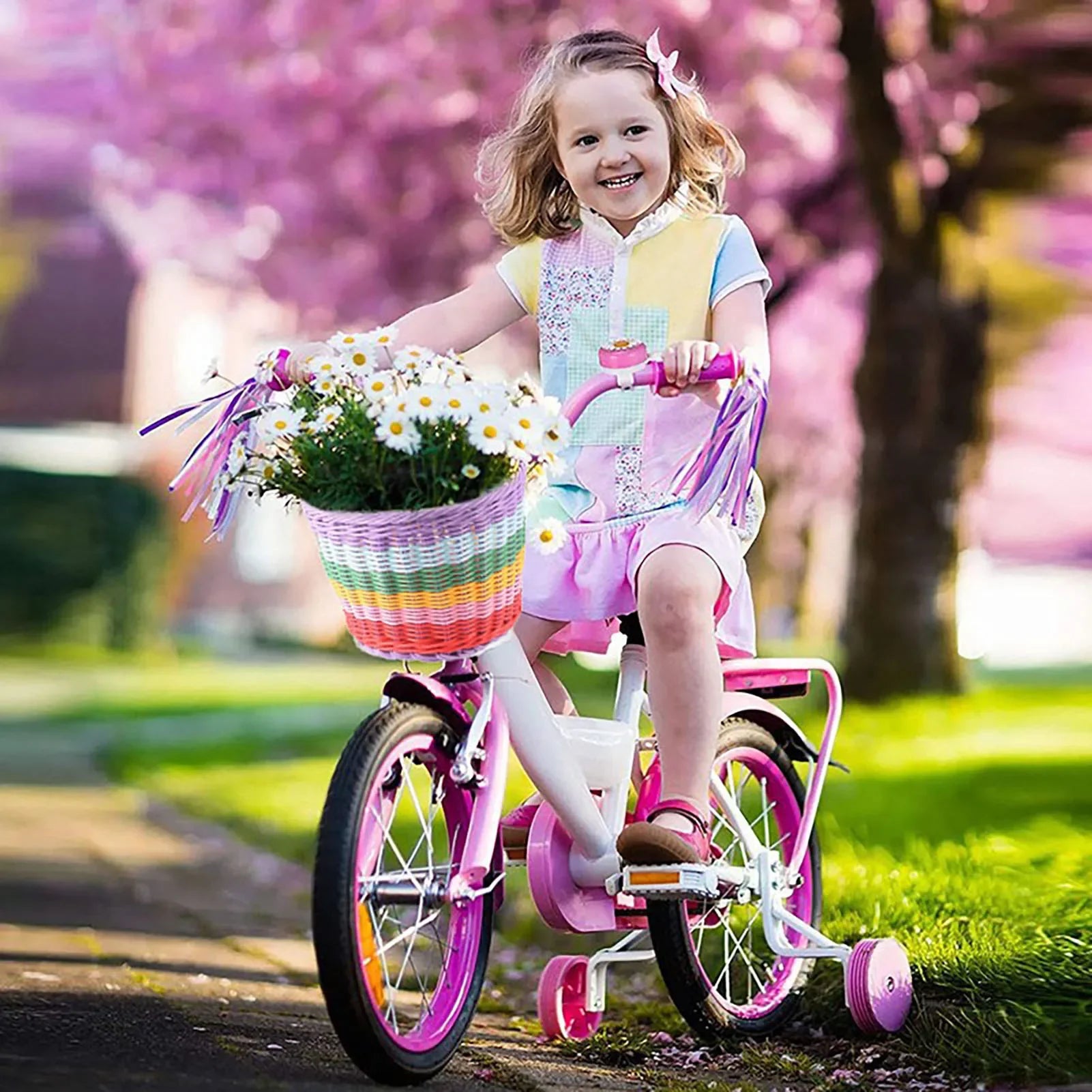 Rainbow Color Bicycle Basket for Kid Front Handlebar Rattan Picnic Basket Plastic Bike Bag Water Bottle Dolls Bicycle Rack Bag Oasis Select