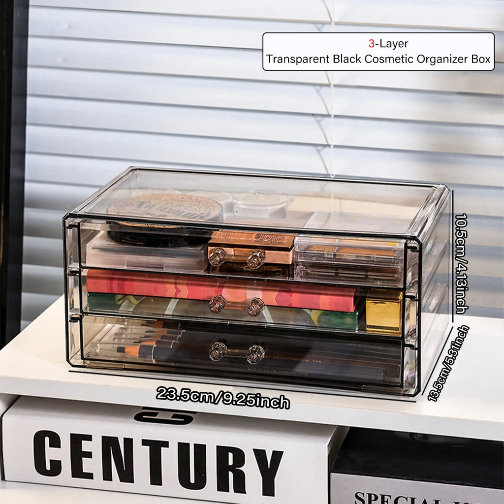 1pc Desktop Drawer Style Acrylic Transparent Black Cosmetics Storage Box Desktop Stackable Office Supplies Skincare Organizer Oasis Select 3layers