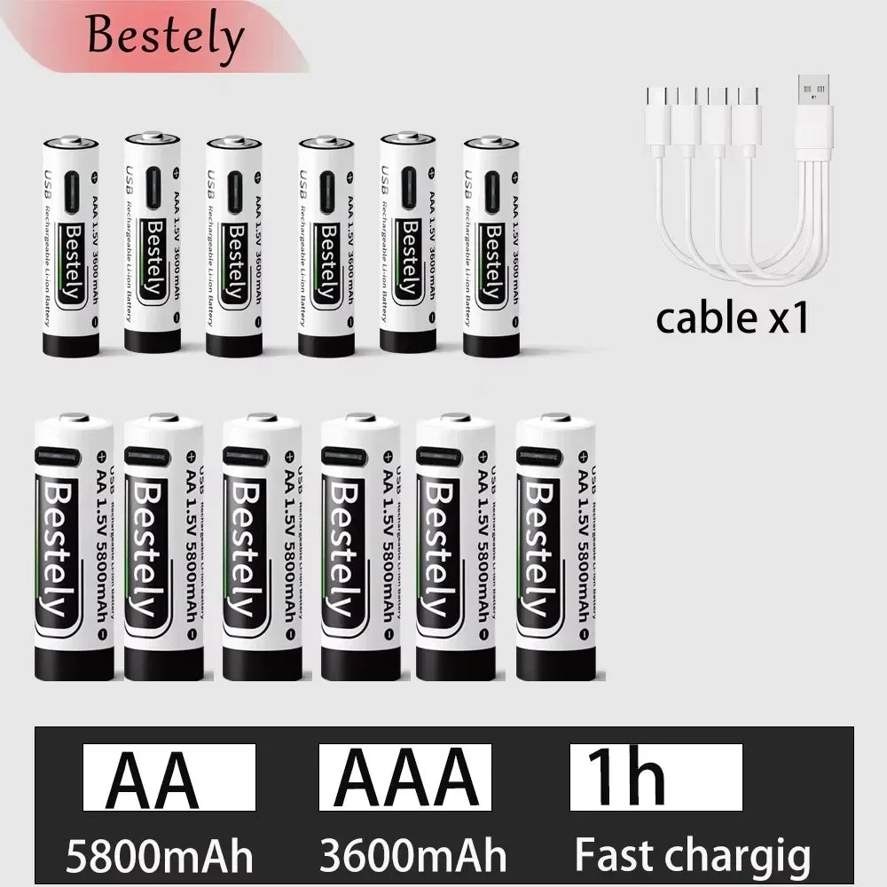 AA AAA Battery 1.5V 5800mAh and 3600mAh Lithium Rechargeable Batteries Fast Charging Li-ion Battery 2000 Cycles Type-C Cable Oasis Select 6AA 6AAA