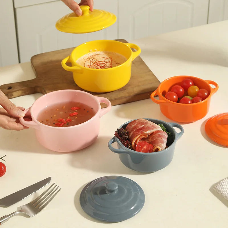 1Pc Small Ceramic Double Ear Bowl - Oven Safe for Steamed Egg Custard, Household Stew Soup, Pudding Baking & Stewing Pot Oasis Select