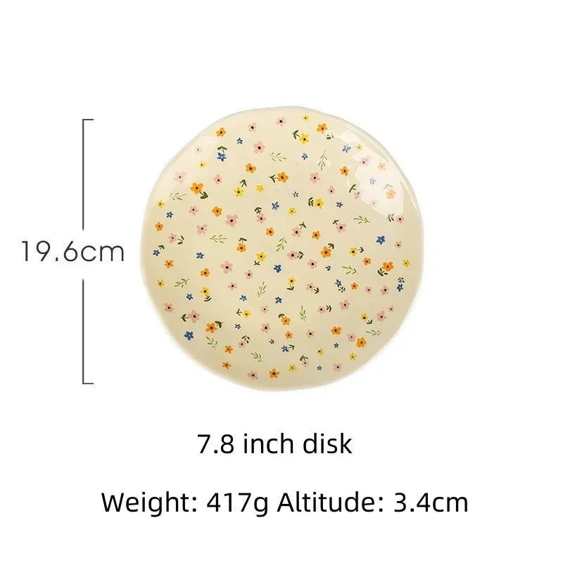 Korean Ceramic Bowl Dish with Fresh Flower Design INS Style High Appearance Level Home Domestic Rice Dish Fruit Salad Bowl Oasis Select 8inch-dish