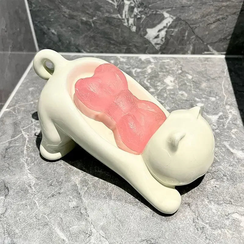 Cute Cat Drain Soap Holder Container Smooth Plastic Toilet Soap Dish Case Tray Bathroom Accessories Washroom Tools Home Decor Oasis Select