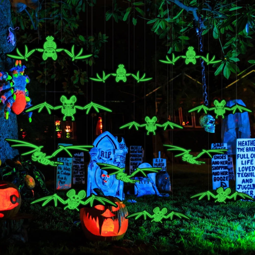 Glow-in-the-Dark Bat Ornament Halloween Glowing Bat-Shaped Pendant Holiday Outdoor Fluorescent Decoration Oasis Select